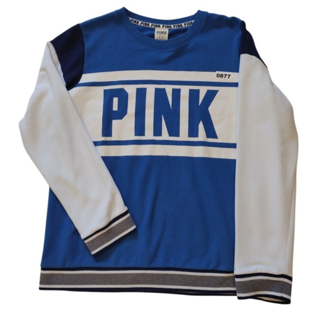 Victoria Secret Pink Sweatshirt Woman's Medium Blue White Colorblock Crew Neck